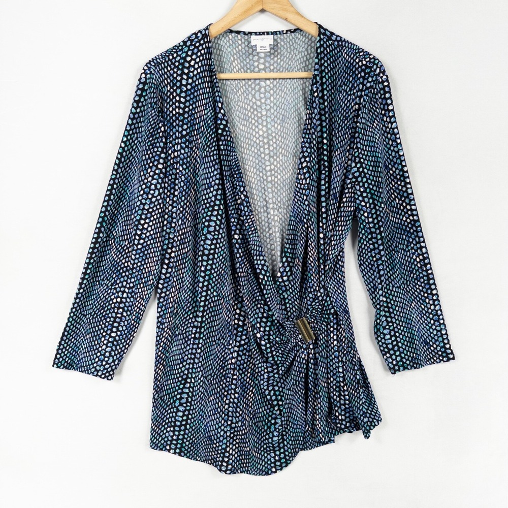 Jaclyn Smith Top XXL Stretch Faux Wrap Black Blue Geometric Print Gold Hardware